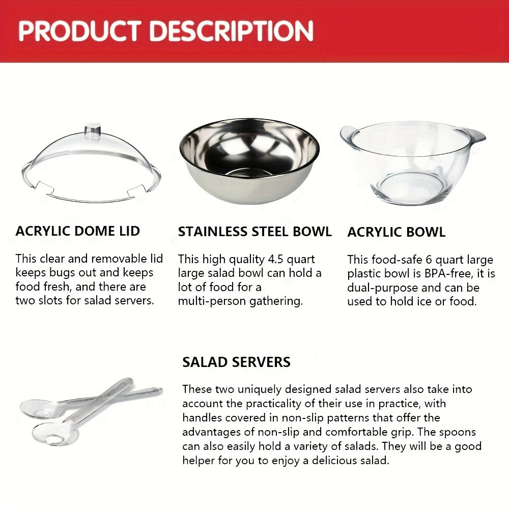 Stainless Steel Ice Chiller Salad Bowl with Lid and Serving Spoons – Large Refrigerated Veggie Fruit Tray with Ice Chiller Base for Party