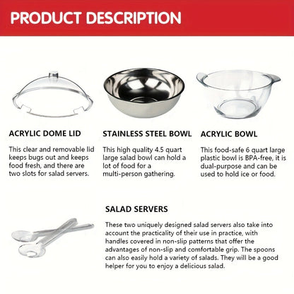 Stainless Steel Ice Chiller Salad Bowl with Lid and Serving Spoons – Large Refrigerated Veggie Fruit Tray with Ice Chiller Base for Party