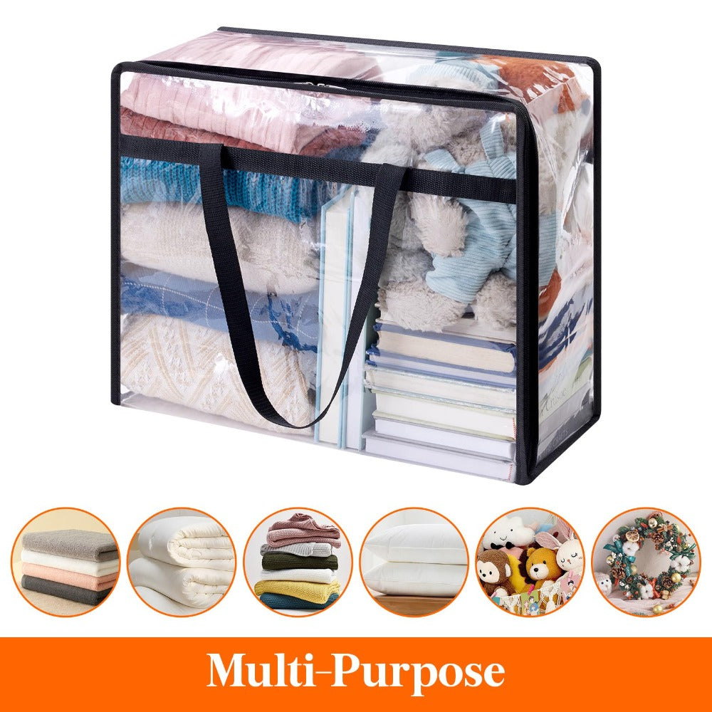Four-Piece 40-Liter Clear Storage Bag Set with Black Handles, Zipper Closure and Fold-Flat Design