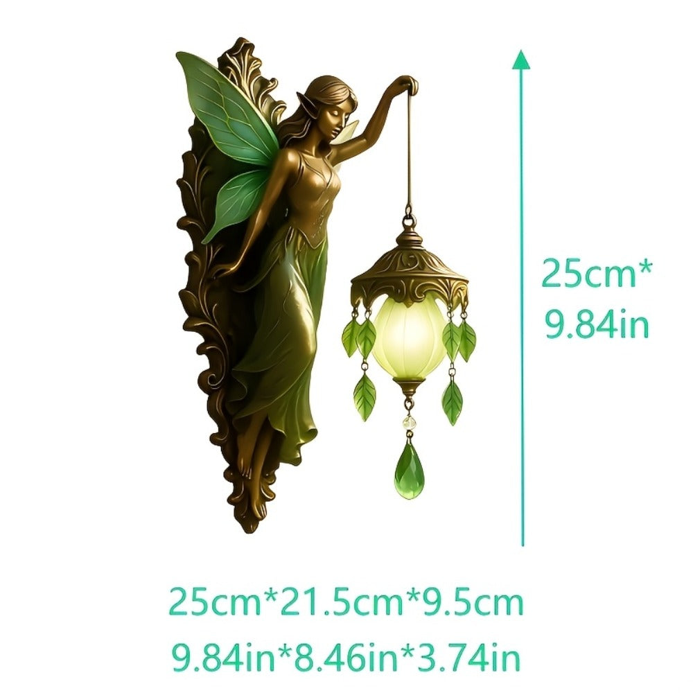 Fairy Statue Wall Decor 9.84in Fantasy Forest Fairy Sculpture, Carved Green Leaf Art Wall Hanging Ornament for Bedroom Living Room