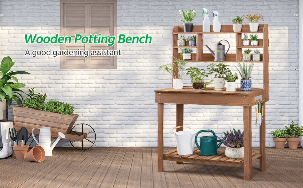 Potting Bench Table Fir Wood Iron Frame Switchable Top Integrated Sink 3-Tier Display Rack Storage Shelf for Garden, Patio and Yard Use