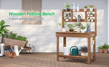 Potting Bench Table Fir Wood Iron Frame Switchable Top Integrated Sink 3-Tier Display Rack Storage Shelf for Garden, Patio and Yard Use