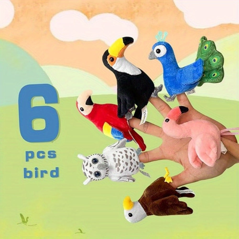 Six-Piece Bird Finger Puppet Set with Parrot, Peacock, Toucan, Flamingo, Owl and Eagle Designs