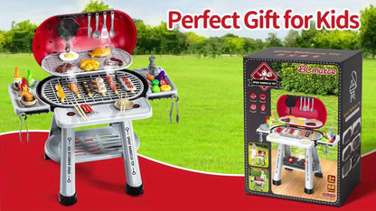 Kids BBQ Grill Playset Two-Tier with Toy Food Meats Fruits Spices & Working Water Tap for Grilling, Camping and Outdoor Meals