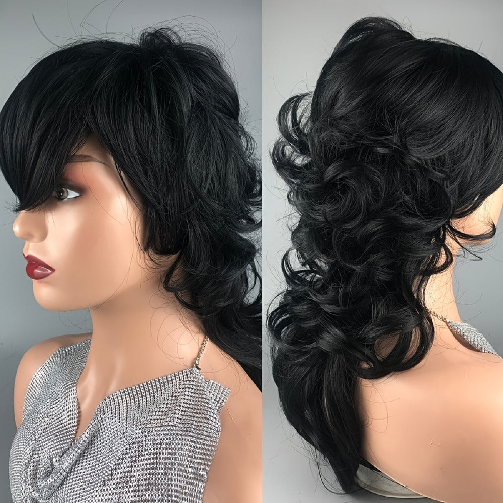 Synthetic Wig 14-Inch Curly-Wave Pixie Mullet with Bangs, 150% Density and Rose Net Cap in Three Colors