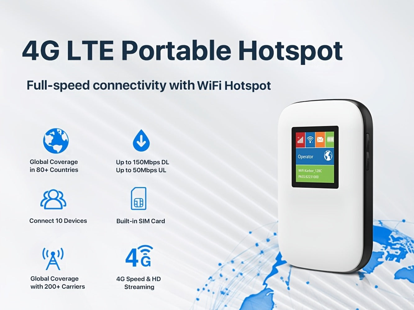 4G LTE Mobile WiFi Hotspot with SIM Card Included, Connect Up to 10 Devices, No Contract, Verizon & AT&T Compatible