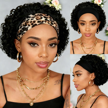 Kinky Curly Headband Wig Human Hair Brazilian 150% Density Glueless 6 Inch | No Glue No Gel Black Burgundy Rust | Beginner Friendly Daily