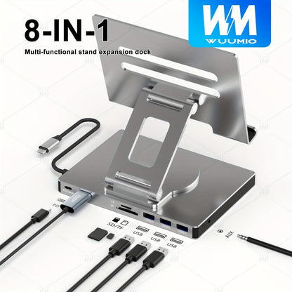 iPad Phone Rotating Stand Docking Station, 4K 60Hz HDMI, Gigabit Ethernet, 100W PD, USB 3.0 Hub, SD/TF Card Reader