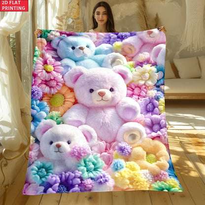 Teddy Bear Floral Blanket 2D Flat Print – Soft Lightweight Colorful Throw for Sofa Bed Travel Camping Office Living Room