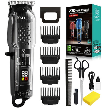 Transparent Electric Hair Clipper with Digital Display, Four Guide Combs, Grooming Tools and Red, Black or Blue Finish