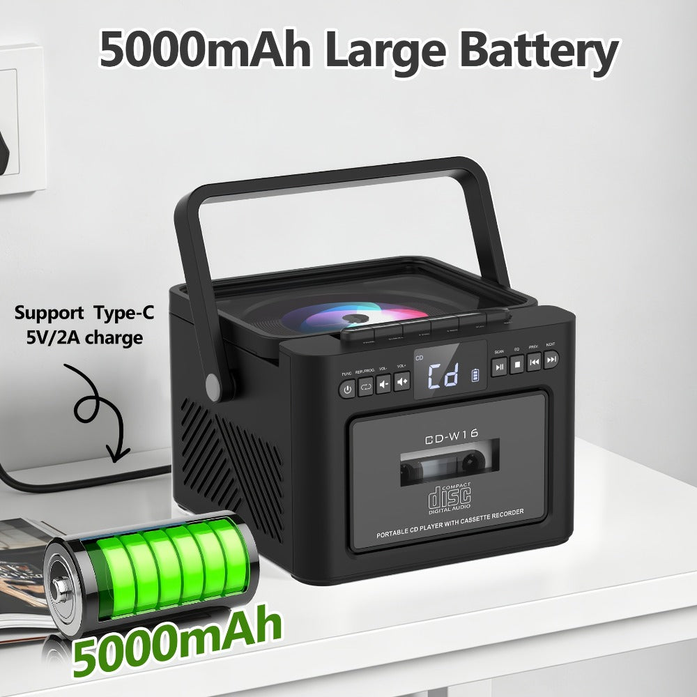 Portable Boombox CD Player with Cassette Tape, FM Radio & MP3 Player, HiFi Stereo Speaker System