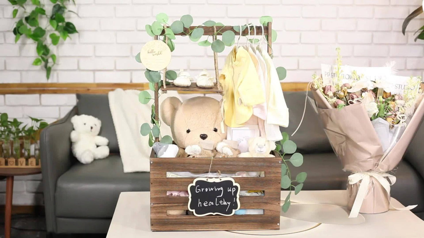 Wooden Gift Box Crate with Handle – Large Wood Keepsake Basket for Baby Shower Gifts Hamper Mom Dad Christmas Party Decor Storage Organizer