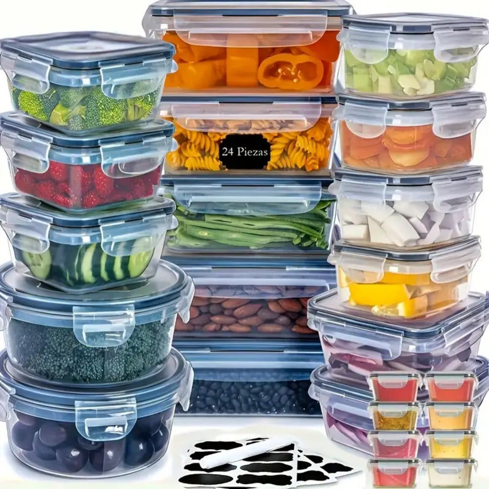Container Set Food Storage Organizer with Locking Plastic Lids in 12-, 24- or 48-Piece Options