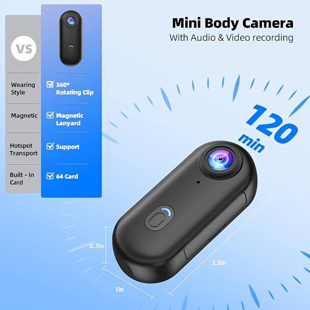Thumb Size 1080P Body Camera Wearable Clip-On Sports Cam, 1.25oz Magnetic Mount, 150-Min Battery