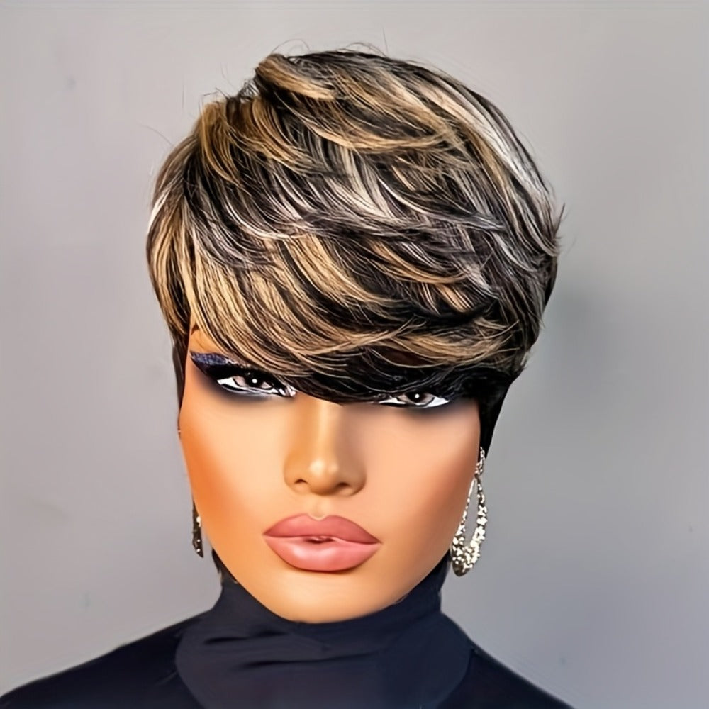Synthetic Wig 4-Inch Layered Pixie with Bangs, Black-Blonde Look and Rose Net Cap for Daily Style