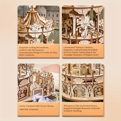 Rotating Merry-Go-Round Wooden Puzzle Kit, Mechanical Carousel 3D Model for Adults & Teens, DIY Kinetic Display Piece