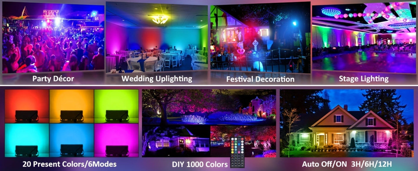 RGB LED Flood Light 25W Outdoor Color Changing - 1000 DIY Colors, 44-Key Remote, Strobe & Fade Modes