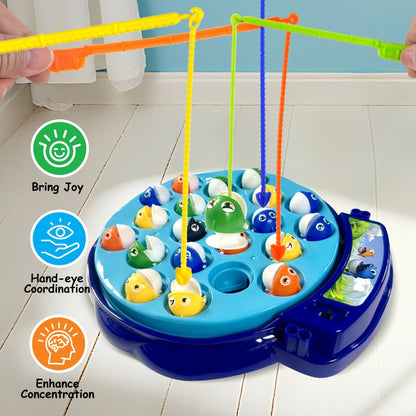 Kids Fishing Game with Rotating Board, 21 Fish & 4 Fishing Rods, Fast-Action Electronic Fishing Toy for Toddlers Ages 3+