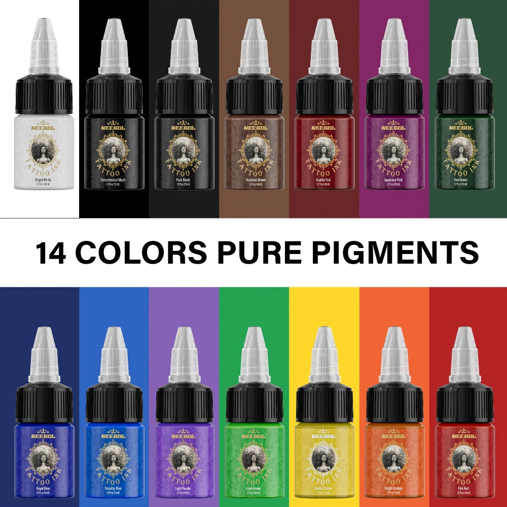 Tattoo Ink 14- or 21-Color Set with 0.5oz 15ml Bottles and Two Palette Choices for Color Selection