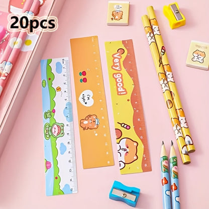 20-Piece Cartoon Pencil Stationery Set with Ruler Eraser Sharpener, Random Cartoon Styles, Kids School Supplies, Party Favor Prizes