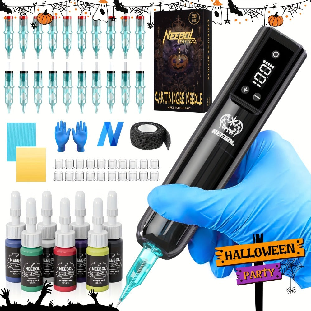 Cordless Tattoo Pen Machine Neebol Wireless Rotary Tattoo Gun with LCD Screen Display for Temporary Body Art, Festivals and Costumes