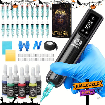 Cordless Tattoo Pen Machine Neebol Wireless Rotary Tattoo Gun with LCD Screen Display for Temporary Body Art, Festivals and Costumes