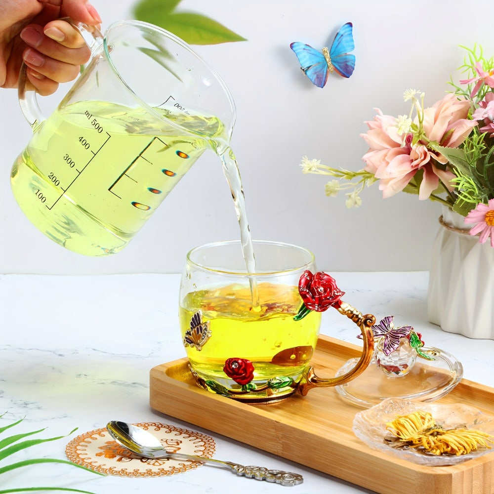 Flower Glass Tea Cups with Lids and Spoon Set of 4, Butterfly Floral Vintage Clear Glass Mugs 11oz