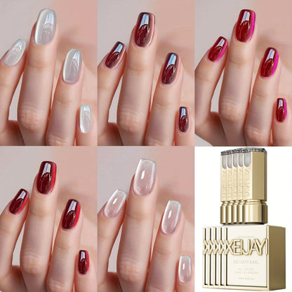 Gel Nail Polish 5-Piece Magnetic Cat-Eye Set with Ruby, Raspberry, Blackberry, White-Moonlight and Clear Shades for UV/LED Cure
