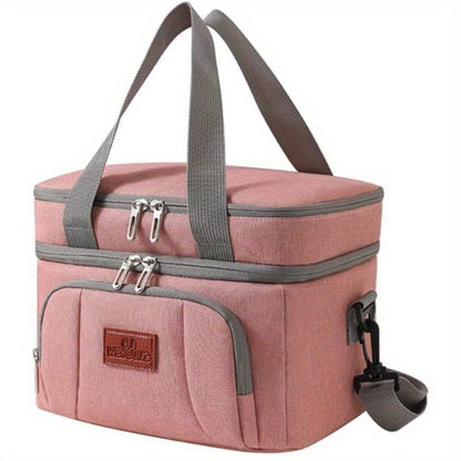 Double-Deck Lunch Tote with Front Pocket and Shoulder Strap in Gray, Blue, Black or Pink Options