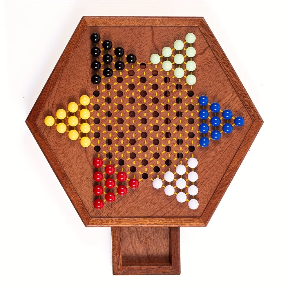Deluxe Wooden Chinese Checkers Game Set 12.5 Inch Hexagonal Board with Storage Drawer 60 Acrylic Marbles