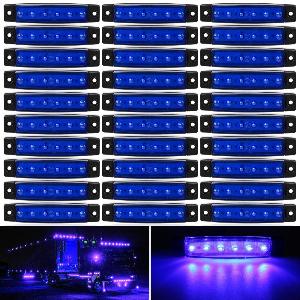 Thirty-Piece 12 V LED Side Marker Light Set with Six LEDs per Lamp in Amber, Red, White, Blue, Green or Purple