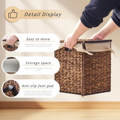 Laundry Basket with Lid & Handles – Handwoven Water Hyacinth Wicker Hamper, Removable Cotton Liner