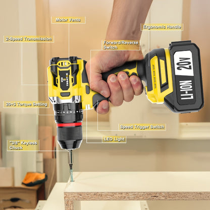 20V Brushless Power Tool Combo Kit, 4-Tool Cordless Set with Impact Wrench, Hammer Drill, Angle Grinder & Electric Drill