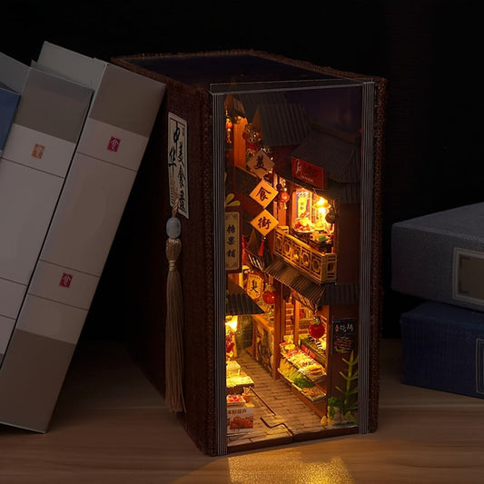 Book Nook Kit Chinese Food Street Miniature Dollhouse 3D Wooden Puzzle Bookshelf Insert DIY Model Building Set for Adults Teens