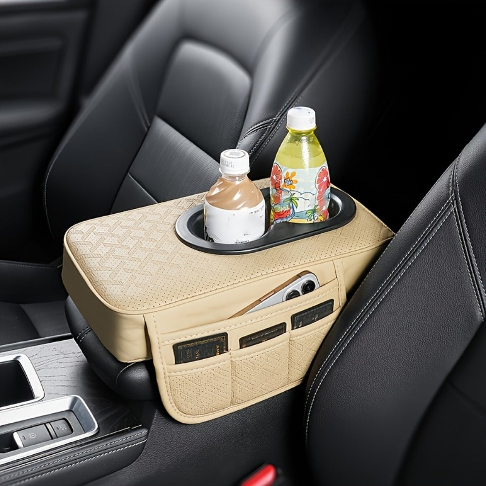 Car Center Console Cover PU Leather – Universal Armrest Box Mat with 2 Cup Holders & 2 Side Pockets, Phone & Card Storage