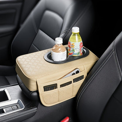 Car Center Console Cover PU Leather – Universal Armrest Box Mat with 2 Cup Holders & 2 Side Pockets, Phone & Card Storage