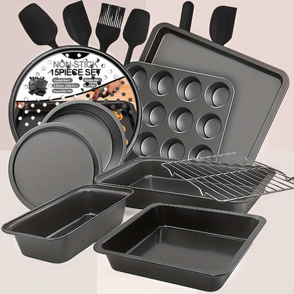 Nonstick Bakeware Set with Cooling Rack Cookie Sheet Cake Pans Loaf Muffin Pizza Pan Baking Pans Set for Kitchen 6 14 15 Piece