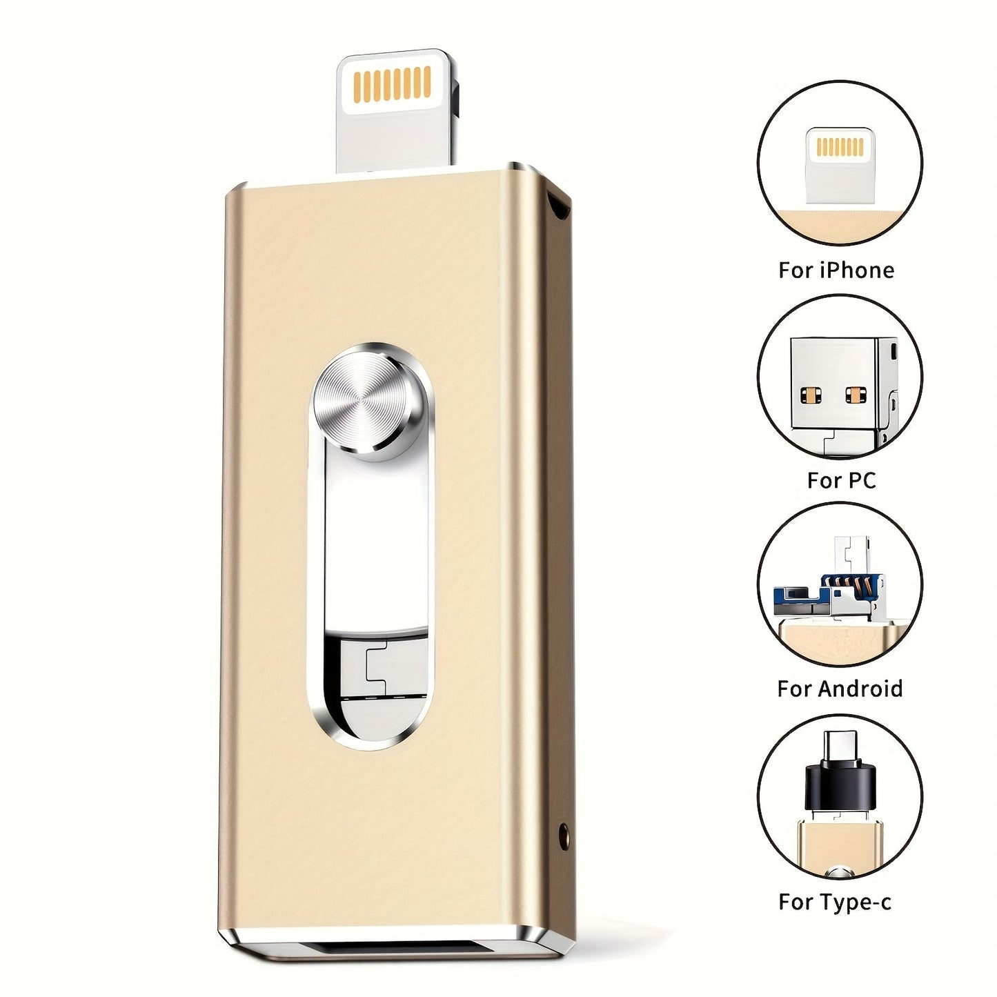 USB Flash Drive 64GB Compact Aluminum-Alloy Four-Connector Memory Stick in Black or Gold Color Options