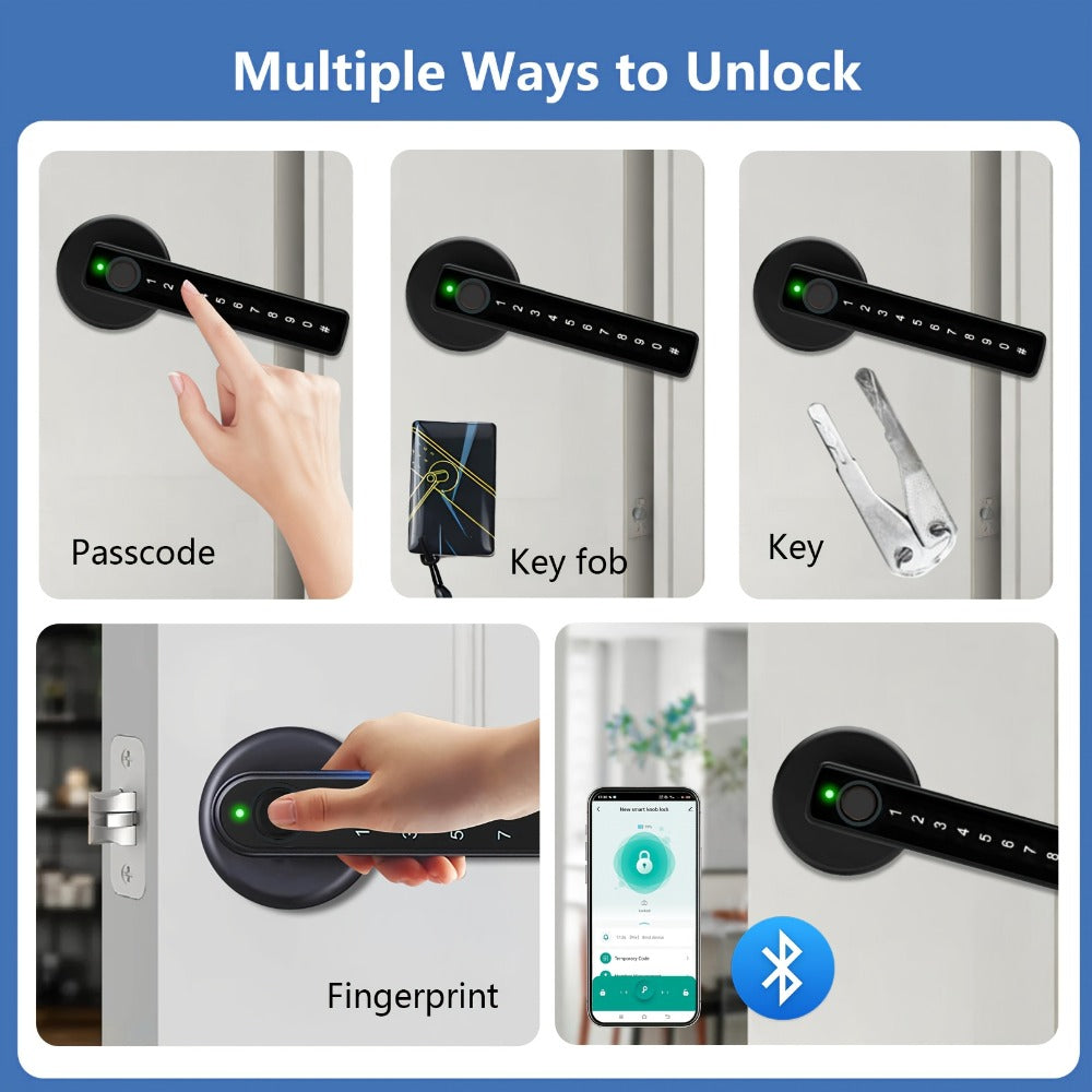 Smart Door Lock Handle with Fingerprint PIN IC Card and Key Access plus Four AAA Power and Type-C Port