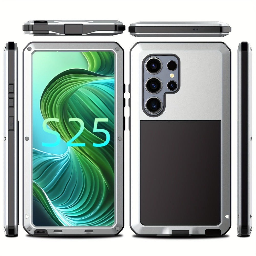 Phone Case with Metal Frame, Integrated Glass Screen Protector and S Pen Opening for Select Galaxy S23-S25 Models