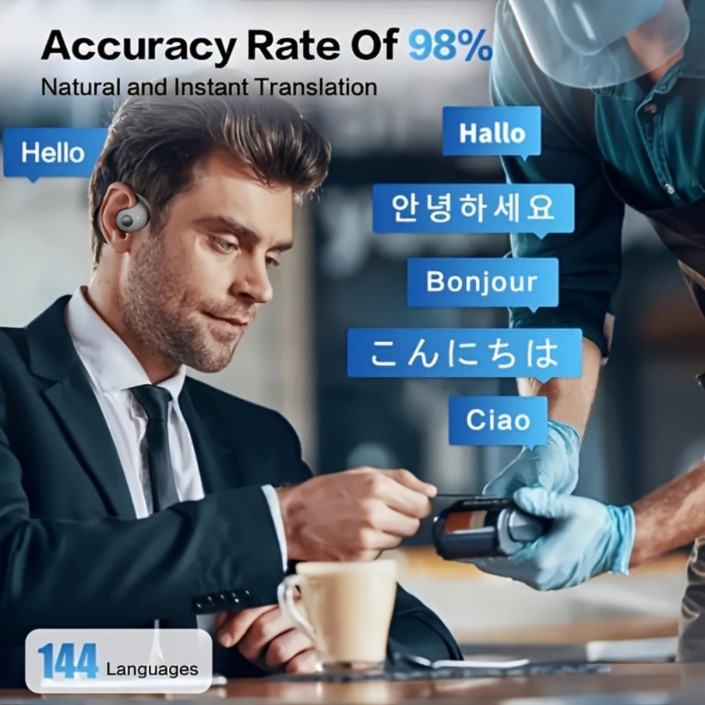 144-Language AI Real-Time Translation Earbuds, Two-Way Interpreter Earphones USB & Battery Rechargeable with Carrying Pouch
