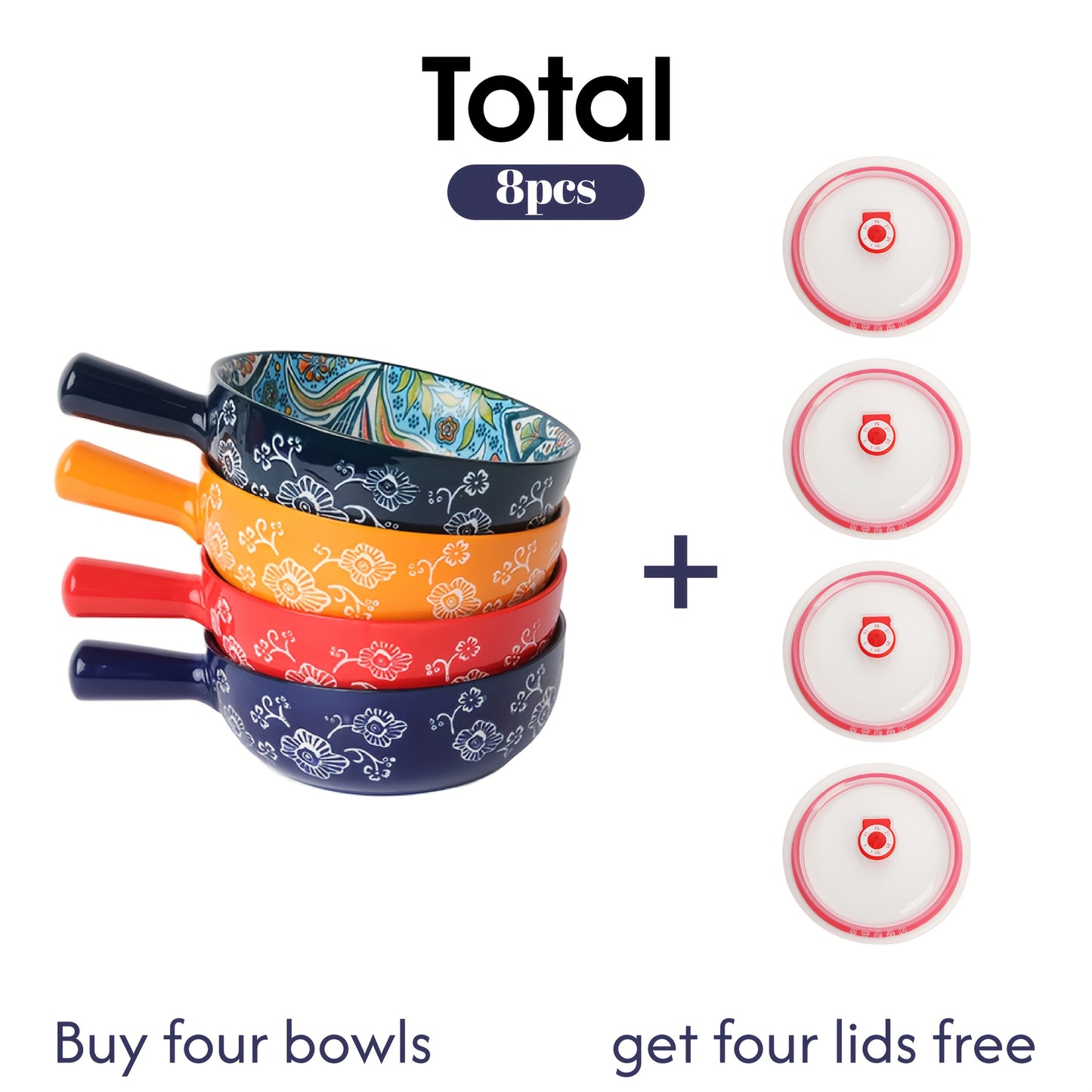 Ceramic Bowl Set with Lids 8-Piece Bohemian Soup Noodle Salad Bowls, for Home Cooking, Dining and Outdoor Meals