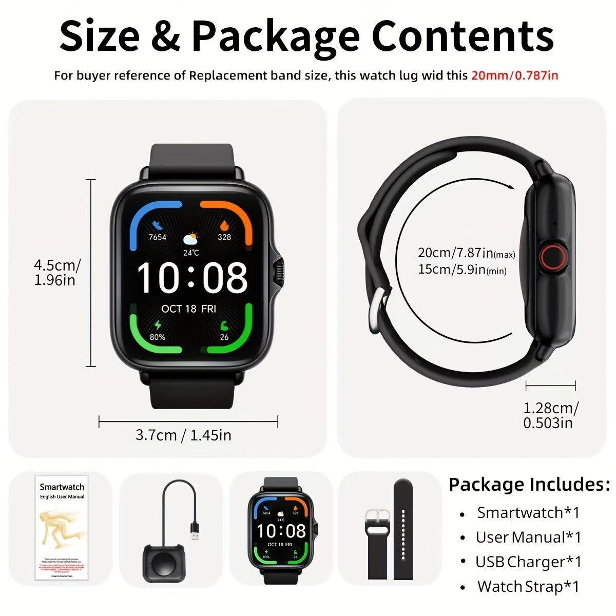 Smart Watch 1.83-Inch Touch Display with Bluetooth Calling, Music Control and Black Silicone Band