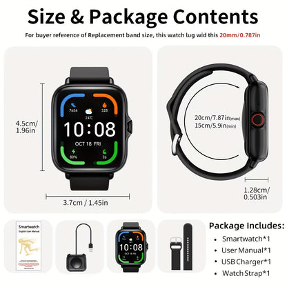 Smart Watch 1.83-Inch Touch Display with Bluetooth Calling, Music Control and Black Silicone Band