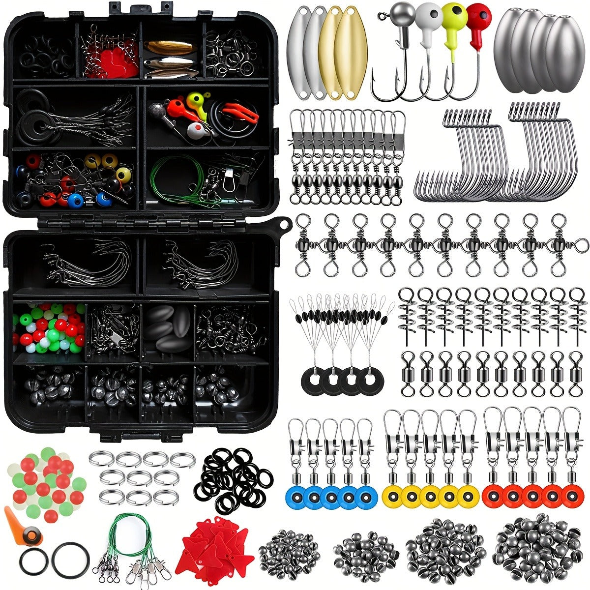 Fishing Tackle Kit 142/206/318 Pcs – Hooks, Jigs, Weights, Swivels, Beads & Connectors for Freshwater & Saltwater Bass Trout Fishing