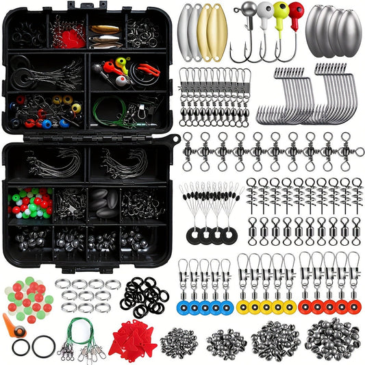 Fishing Tackle Kit 142/206/318 Pcs – Hooks, Jigs, Weights, Swivels, Beads & Connectors for Freshwater & Saltwater Bass Trout Fishing