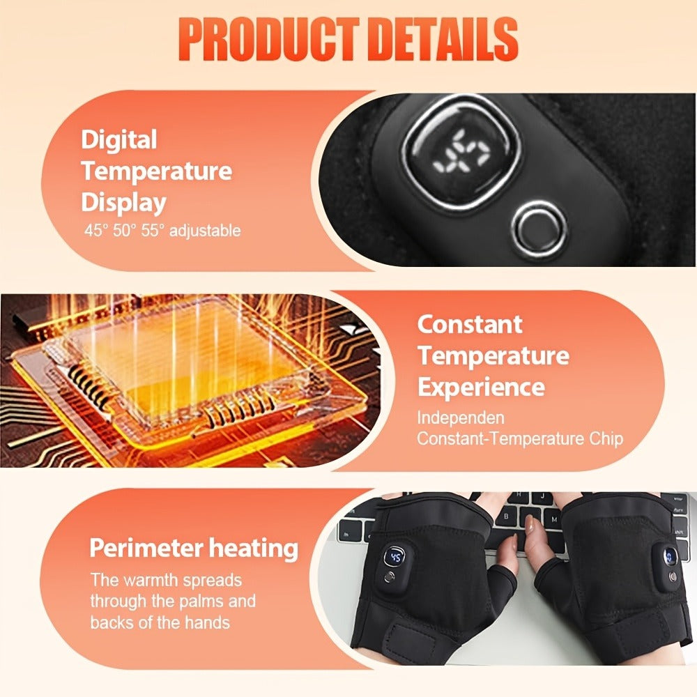 Half-Finger Heated Gloves with Digital Power Display, Three Heat Levels, USB-C Charging and One- or Two-Pair Options