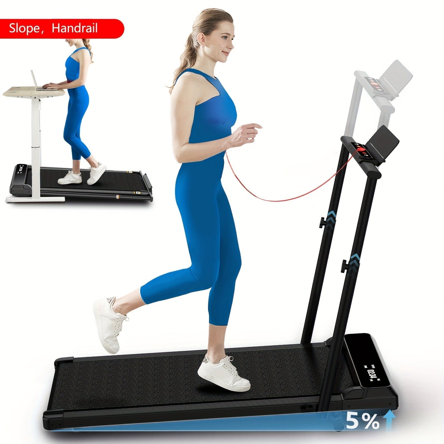 Incline Foldable Treadmill Walking Pad – 300lb Capacity, Portable with Handles, Under Desk Compact Design for Home & Office Use