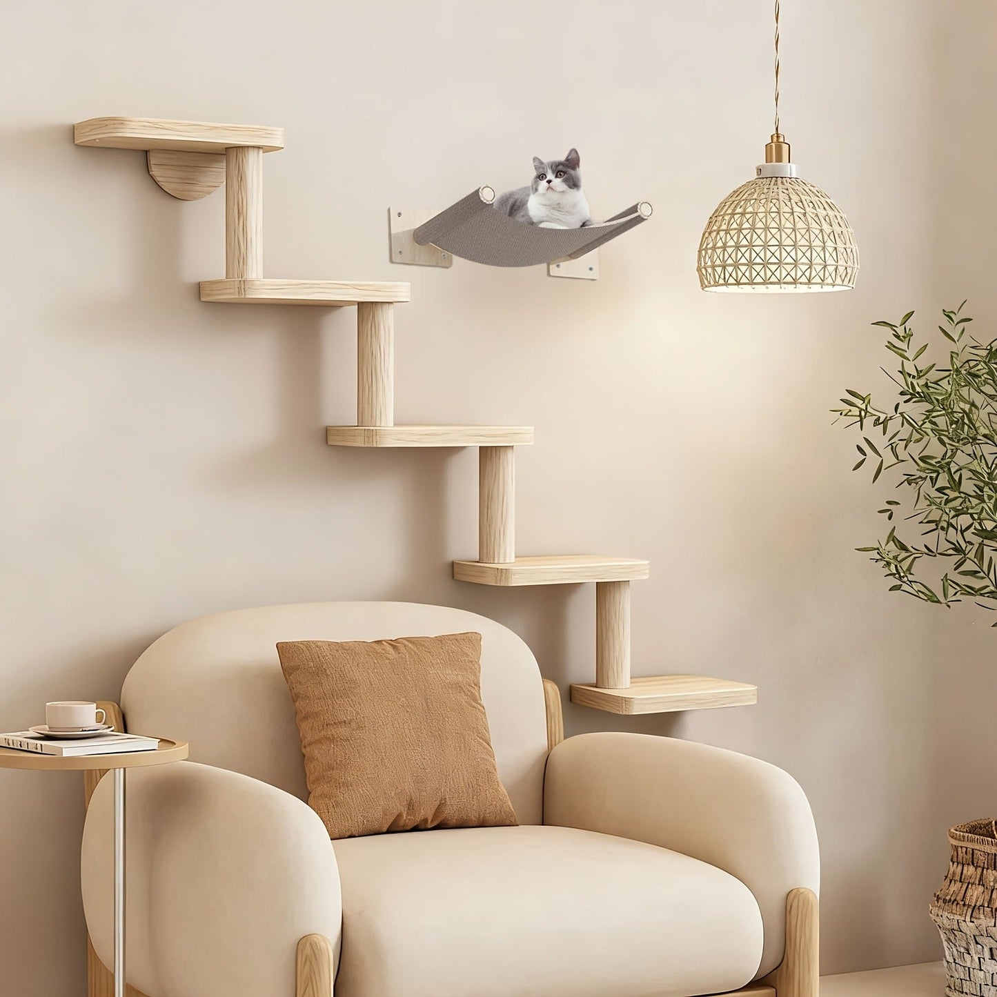 Five-Step Wall-Mounted Cat Tree with 85cm Vertical Wood Frame and Staggered Rectangular Platforms