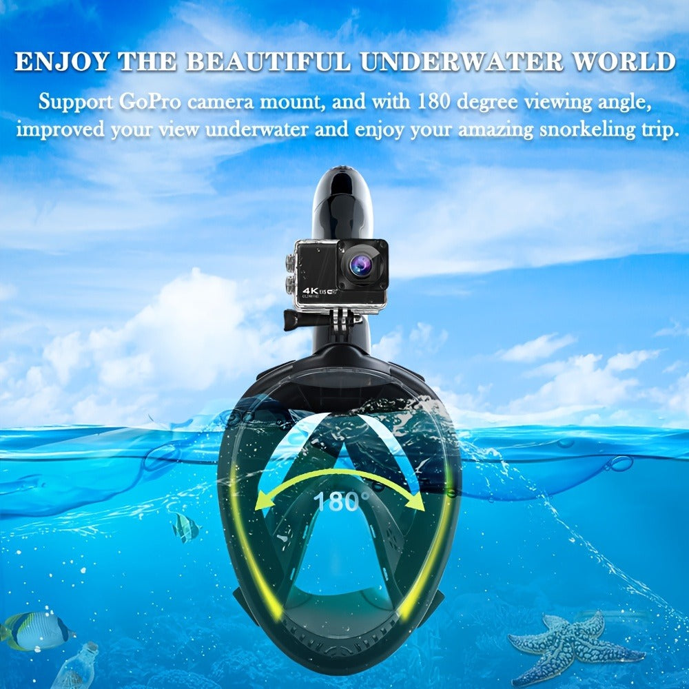 180° Full Face Snorkel Mask with Camera Mount Dry Top System – Foldable Panoramic Snorkeling Mask Leak-Proof Fog-Proof Safe Breathing